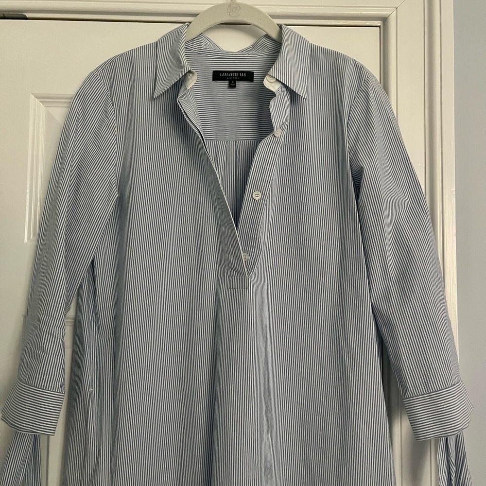 Lafayette 148 shirt dress. Lt blue/white stripe. Size small.